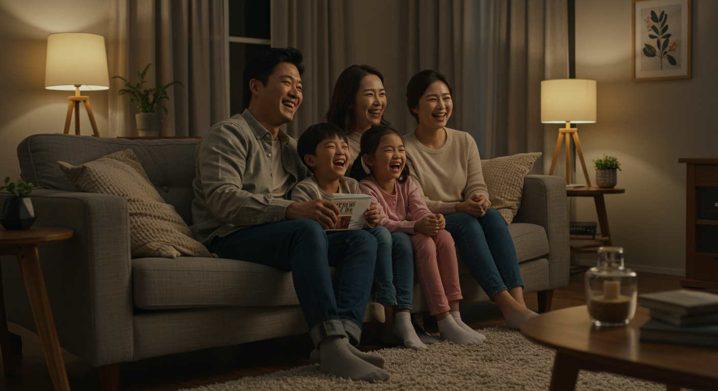 따뜻한 분위기 속에서 거실에 모여 코미디 영화를 보는 가족의 모습
