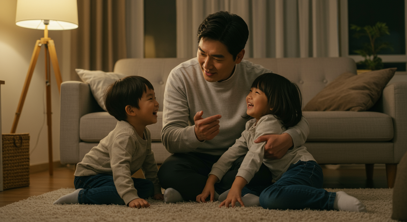 아버지가 자녀와 눈높이를 맞추며 진지하게 대화하는 장면