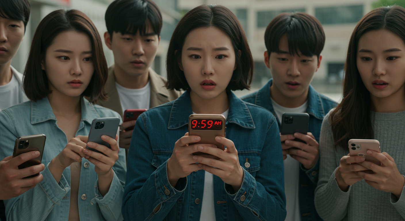 시간을 기다리며 스마트폰을 주시하는 사람들 모습