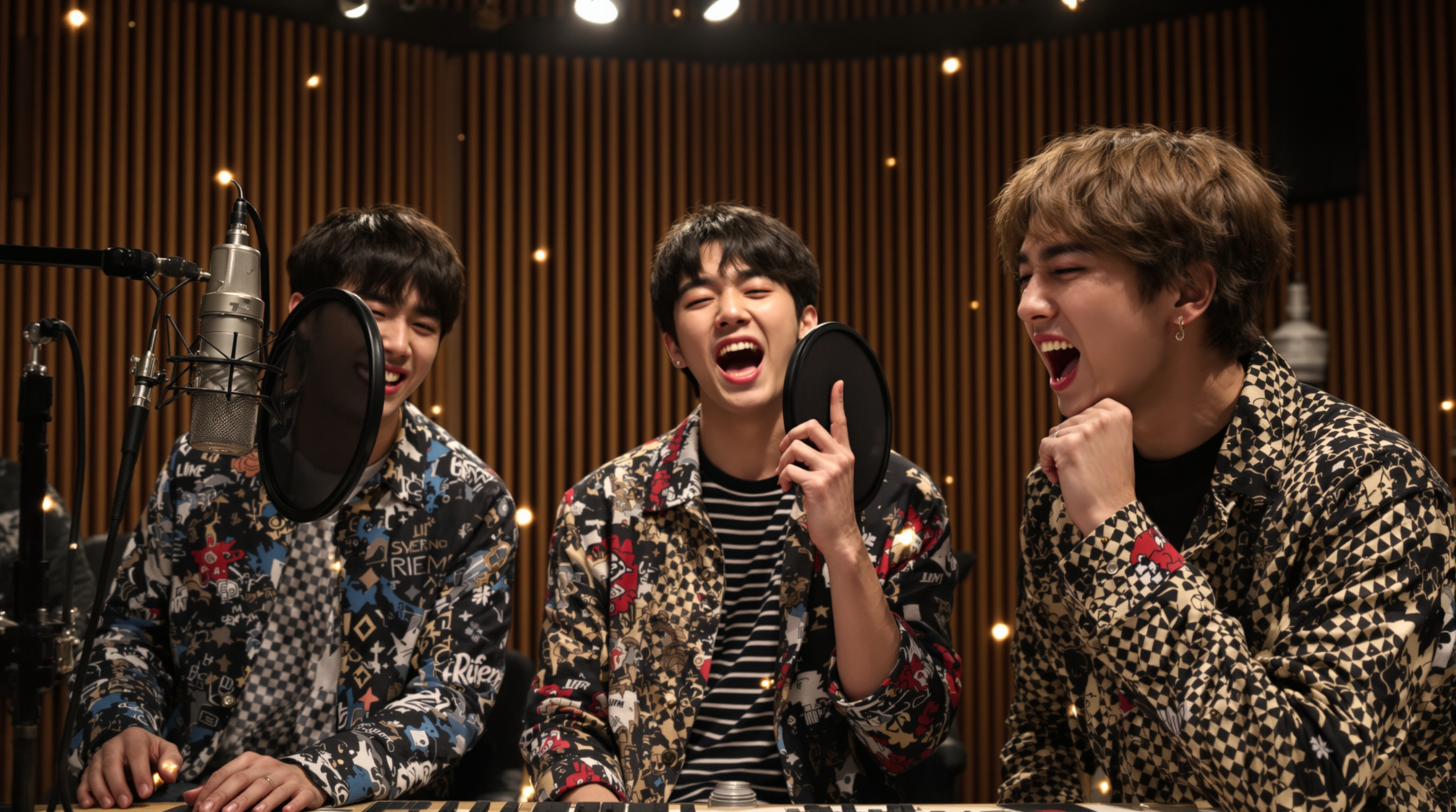 스트레이 키즈 멤버 세 명이 'GENIE' 녹음 세션에서 열정적으로 노래하는 모습