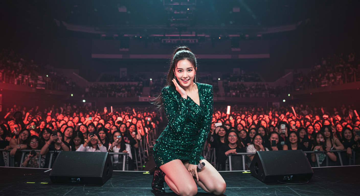 무대 위에서 관객의 시선을 사로잡는 아이돌의 자신감 있는 모습