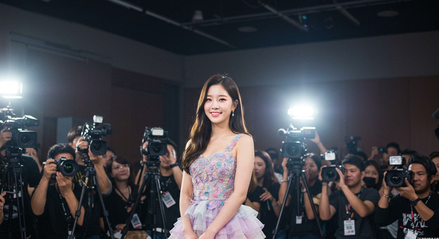 언론 행사에서 화려한 조명을 받으며 주목받는 여성 아이돌