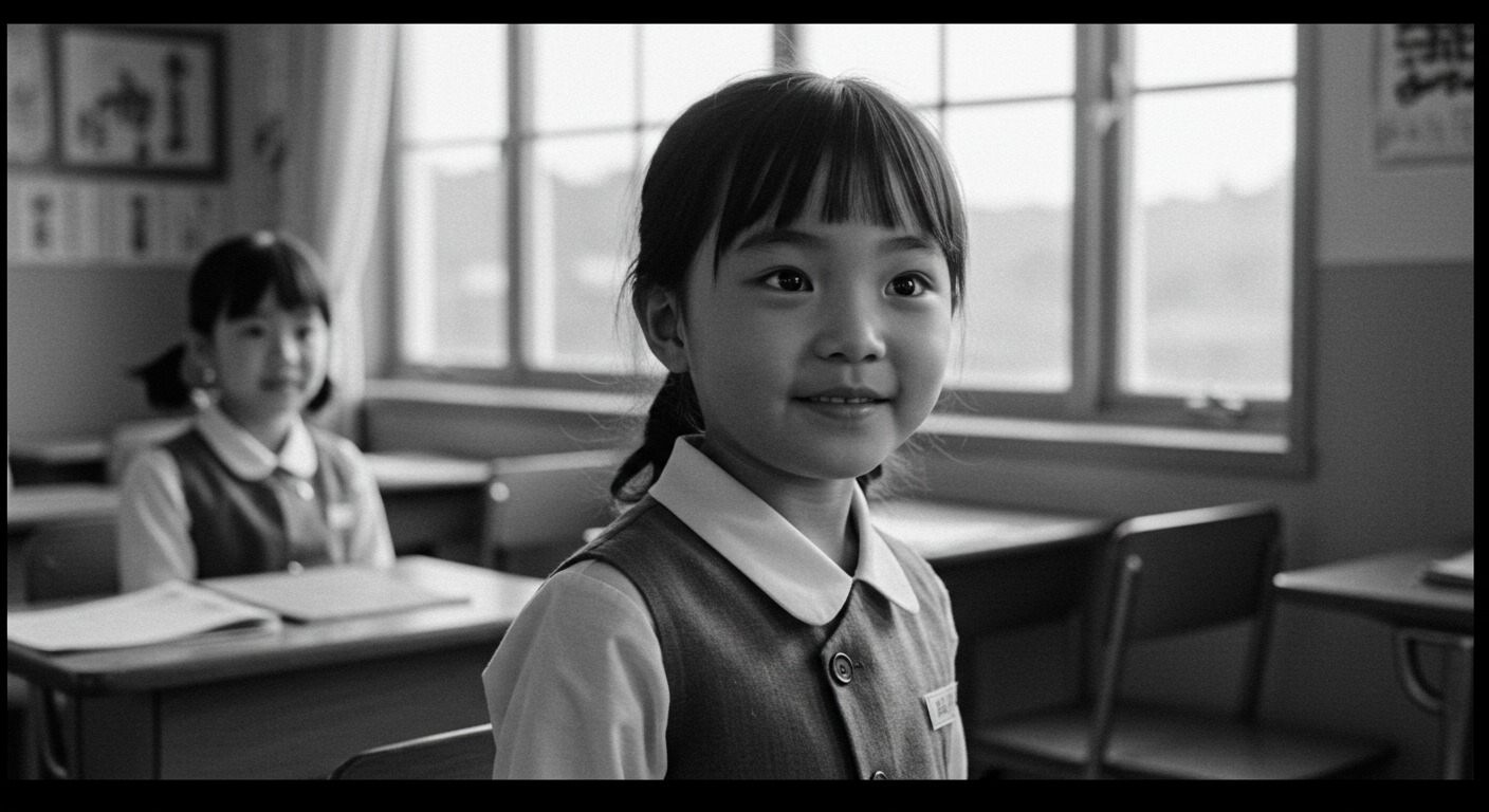 학교 환경 속에서 순수한 눈망울과 뚜렷한 이목구비를 가진 어린 소녀