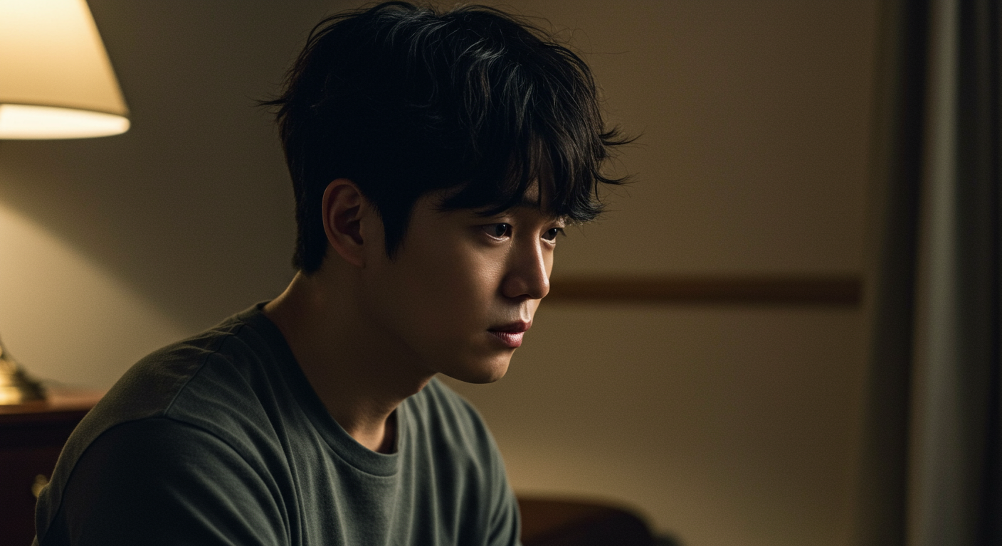 어두운 방에서 깊은 생각에 잠긴 채 혼자 앉아 있는 젊은 남성