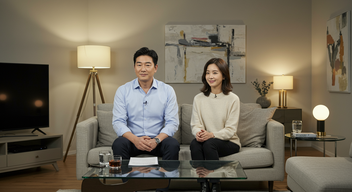 한국 커플이 거실에서 인터뷰를 진행하며 차분한 표정을 짓고 있는 모습