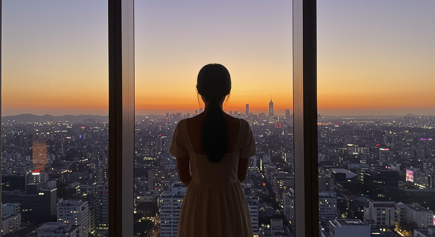 도시 스카이라인이 보이는 창문 앞에 서서 생각에 잠긴 여성