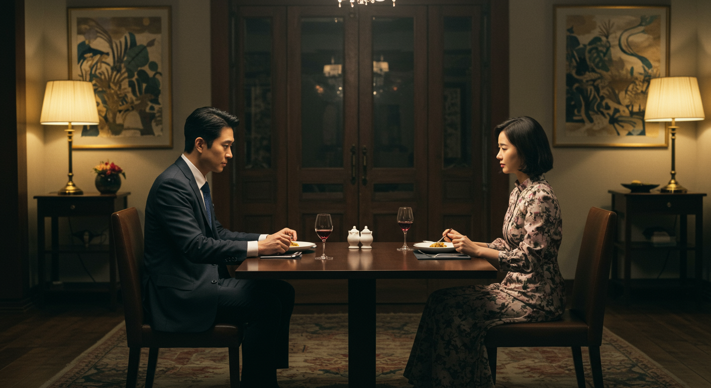 고급스러운 식당에서 서로 거리감을 느끼며 앉아 있는 커플