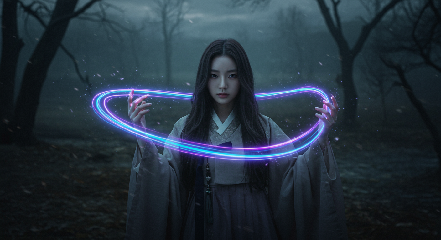 신비로운 분위기의 배경에서 독특한 능력을 가진 젊은 여성을 묘사한 장면