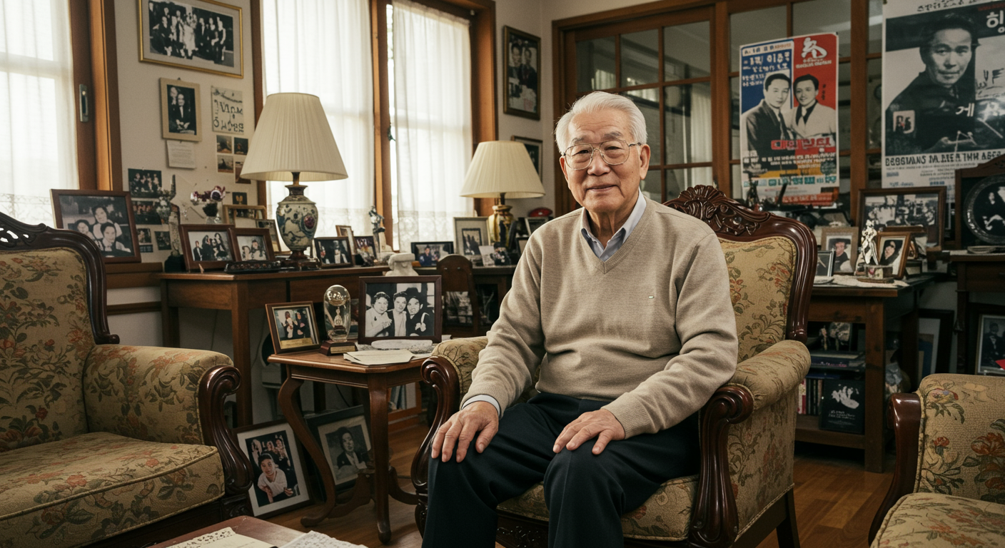 거실에서 옛 추억에 잠긴 노년 남성의 평화로운 모습