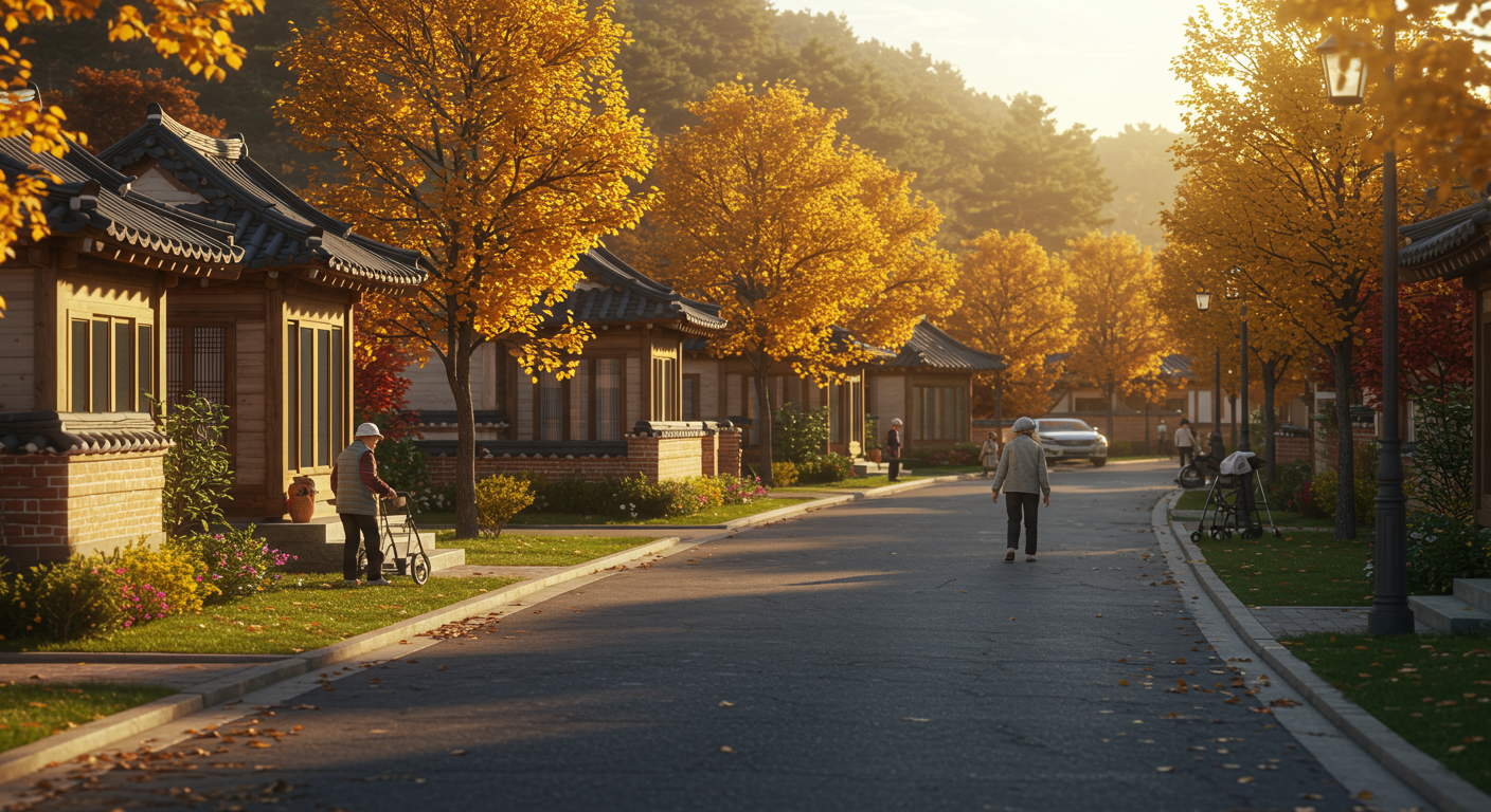 한국 교외의 고요한 가을 풍경과 은퇴 후 여유로운 분위기