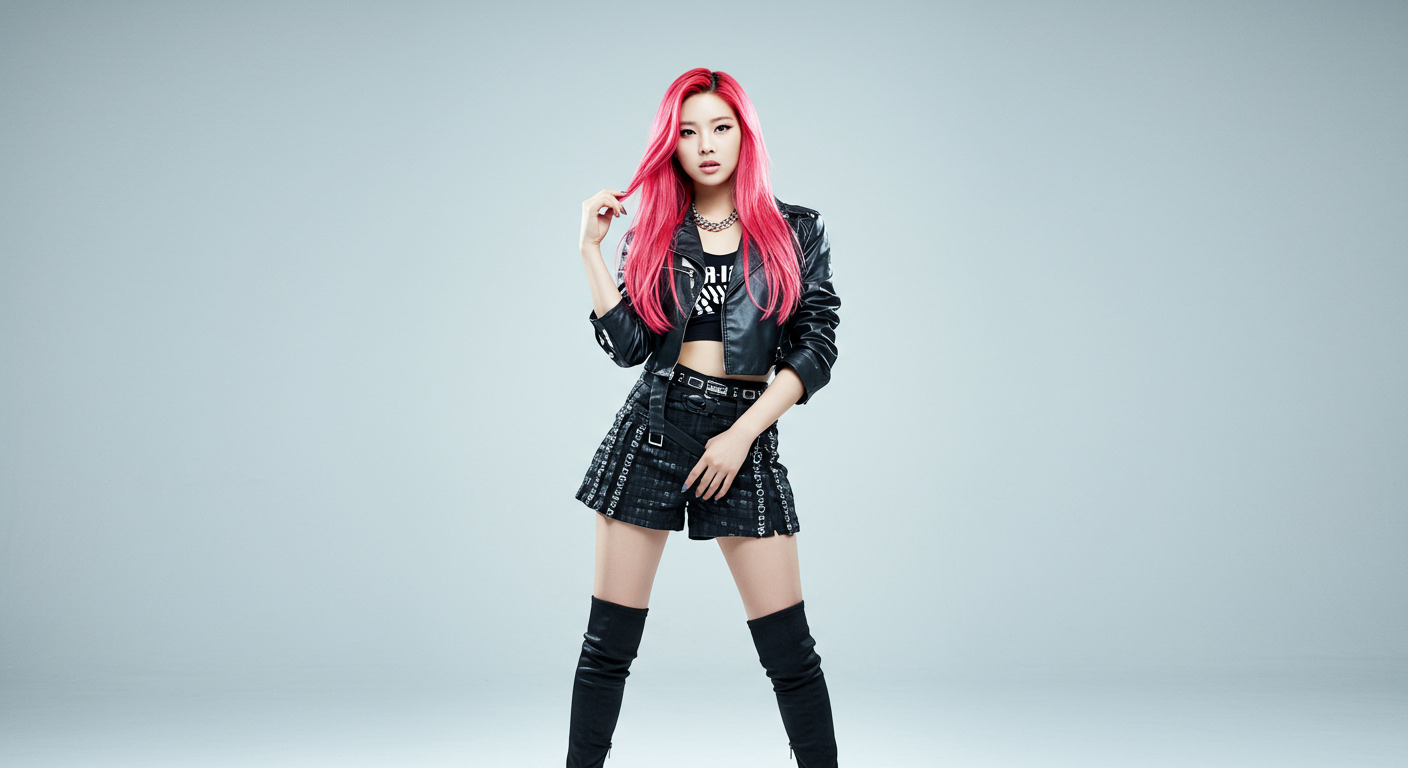 현대적 도시 패션을 입고 스튜디오에서 당당하게 서 있는 여성