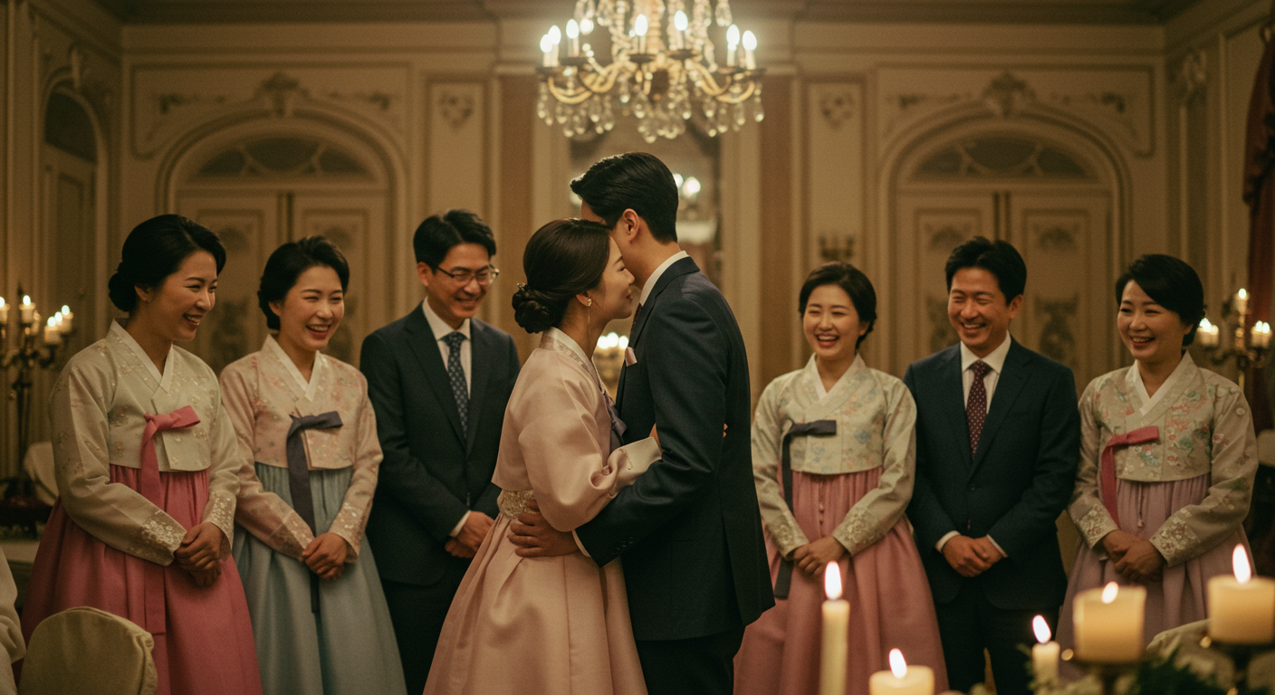 우아한 장소에서 가족과 친구들이 함께하는 한국 커플의 결혼식 모습