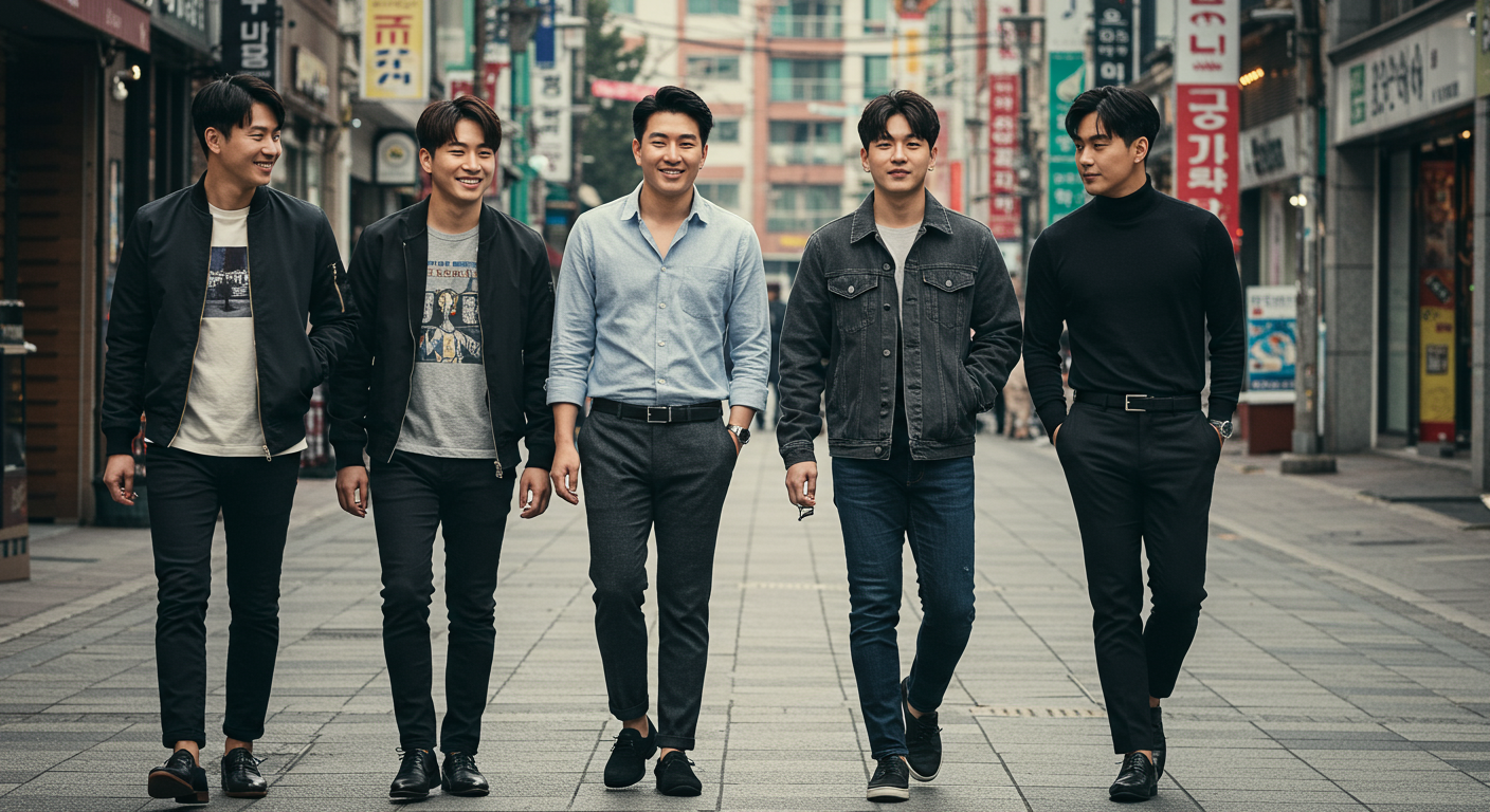 도시 배경에서 각기 다른 매력을 발산하는 네 명의 남성들