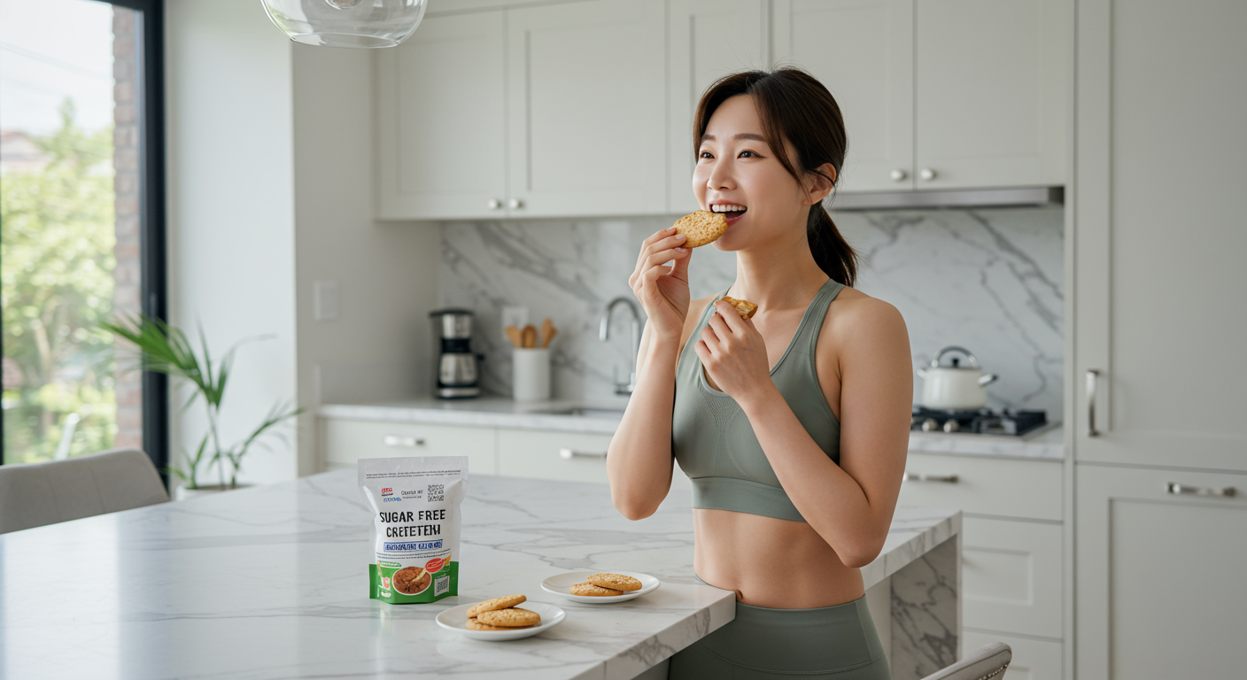 현대식 주방에서 무설탕 쿠키를 즐기는 다이어터의 모습