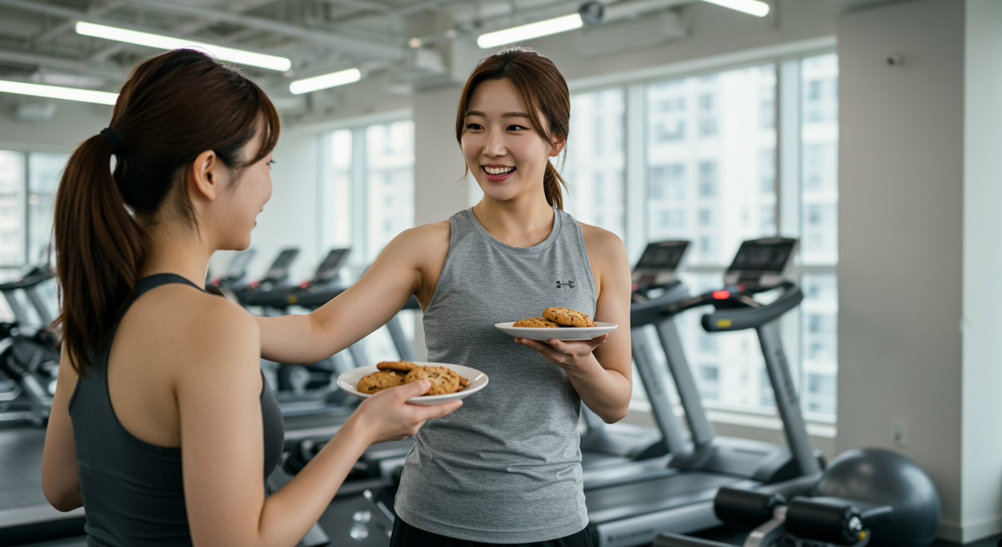 피트니스 트레이너가 체육관에서 고객에게 영양 계획을 상담하는 장면