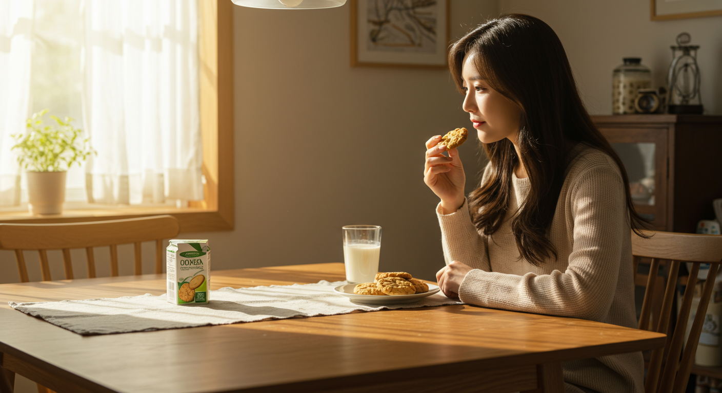 아침 햇살 속 식탁에서 저지방 우유와 함께 쿠키로 아침을 먹는 장면
