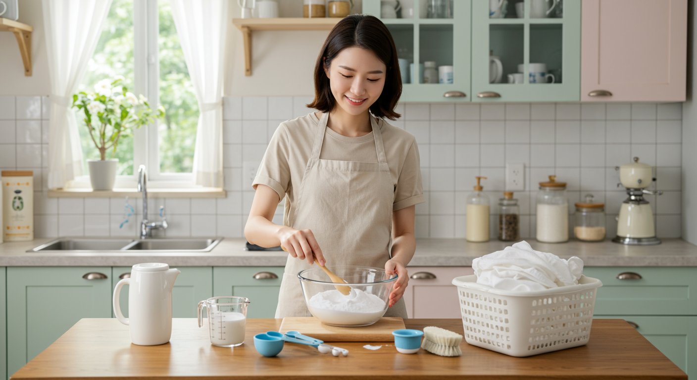 천연 표백제로 베이킹소다와 식초를 사용하여 변색된 흰옷을 복구하는 한국 여성