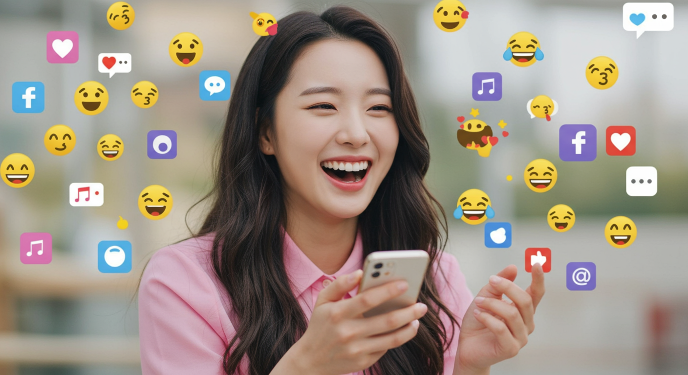 휴대폰에 뜬 메시지를 보고 웃고 있는 젊은 여성 주변에 이모티콘과 SNS 아이콘이 떠다니는 모습