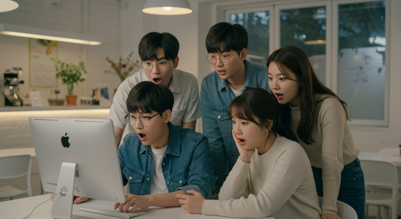 현대적인 카페에서 컴퓨터 화면을 보며 온라인 트렌드와 논란에 대해 토론하는 젊은 성인들의 모습
