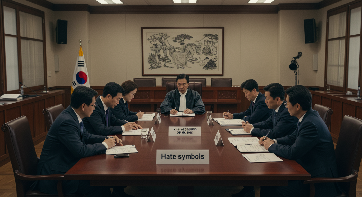 한국 법정에서 판사와 변호사들이 혐오 상징에 대한 법적 사례를 논의하는 장면