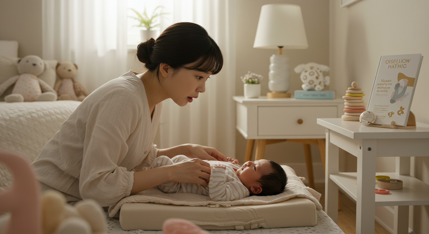 젊은 부모가 아기의 성장 단계에 대한 책을 옆에 두고 보챔 증상을 보이는 아기를 바라보는 모습