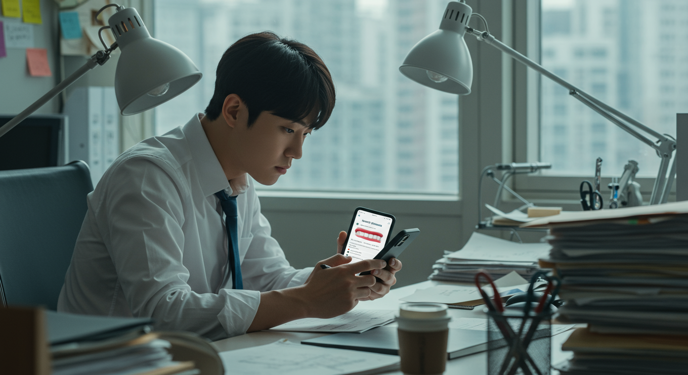 사무실 책상에 앉아 스마트폰으로 치아 꿈 관련 SNS 트렌드를 확인하는 직장인의 모습