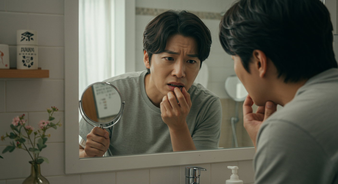 거울 앞에서 걱정스럽게 자신의 이를 점검하는 사람의 모습