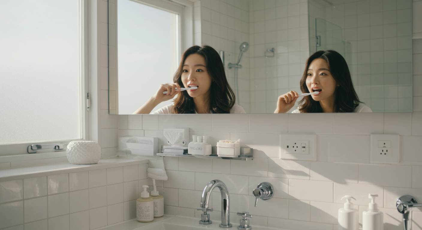 밝은 욕실에서 양치질하며 새 출발을 상징하는 모습을 보이는 사람