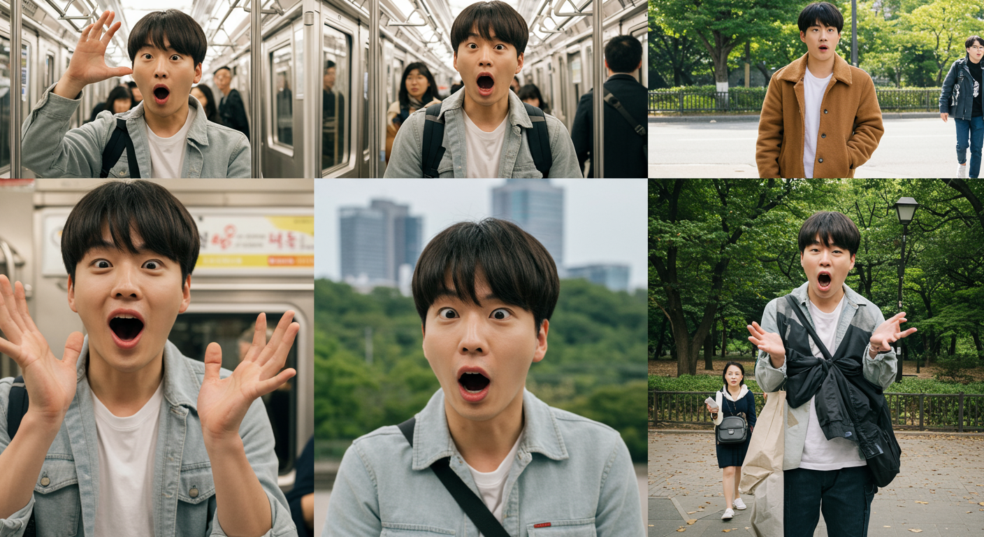 다양한 일상 상황에서 독특한 표정과 제스처를 보여주는 한국 남성의 모습