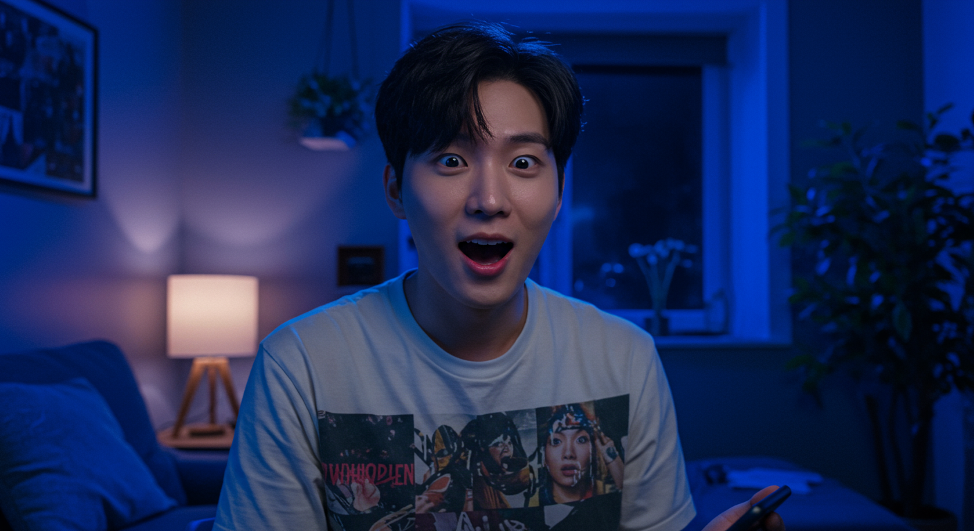 유튜브에서 놀란 표정과 재치있는 멘트를 선보이는 한국 남성의 모습