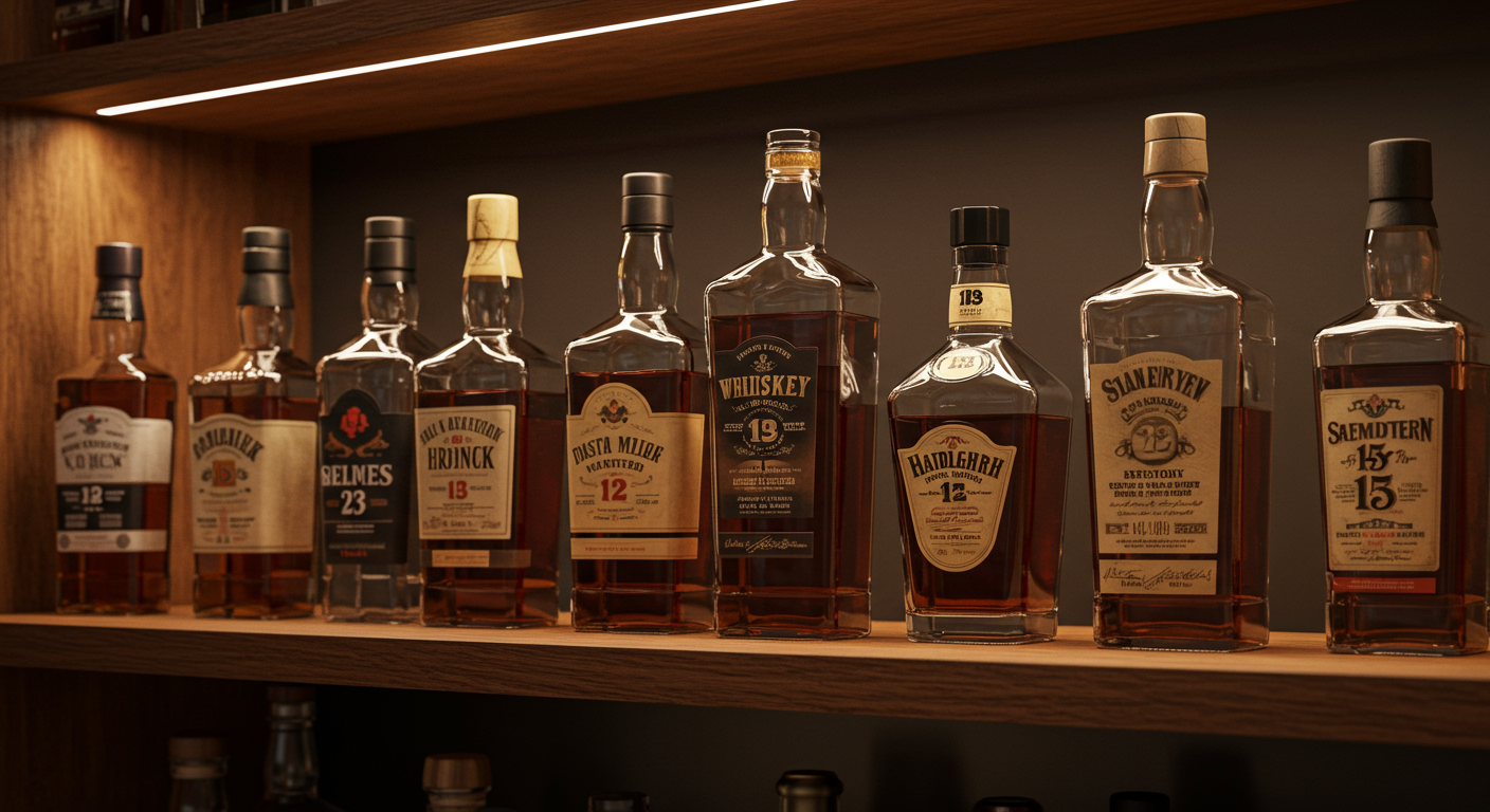 우드 선반 위에 놓인 고급스러운 위스키 빈병들