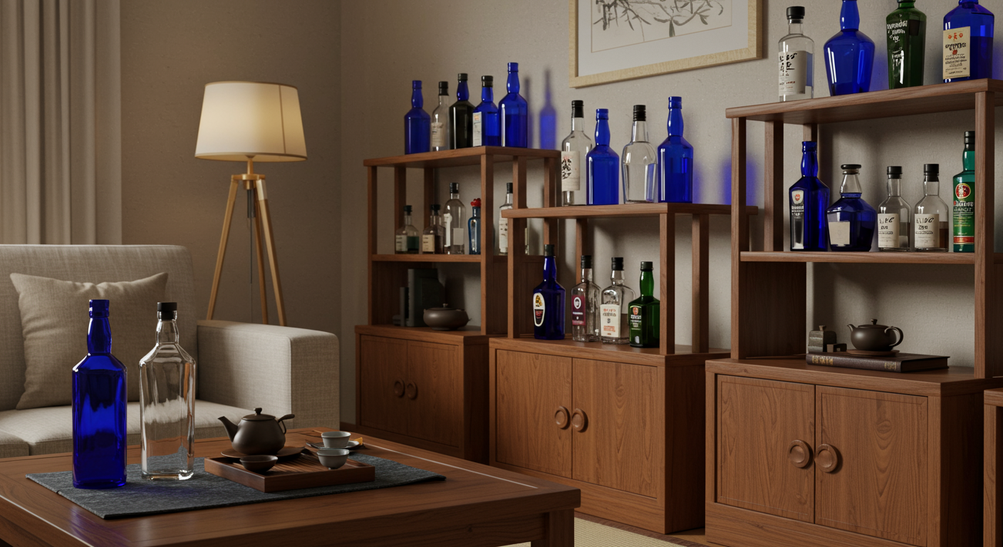 현대적인 거실에 장식품으로 배치된 다양한 색상의 빈병들