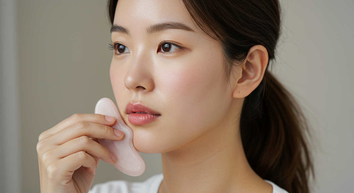 다양한 얼굴 부위에 괄사를 사용하는 한국 여성의 클로즈업 이미지