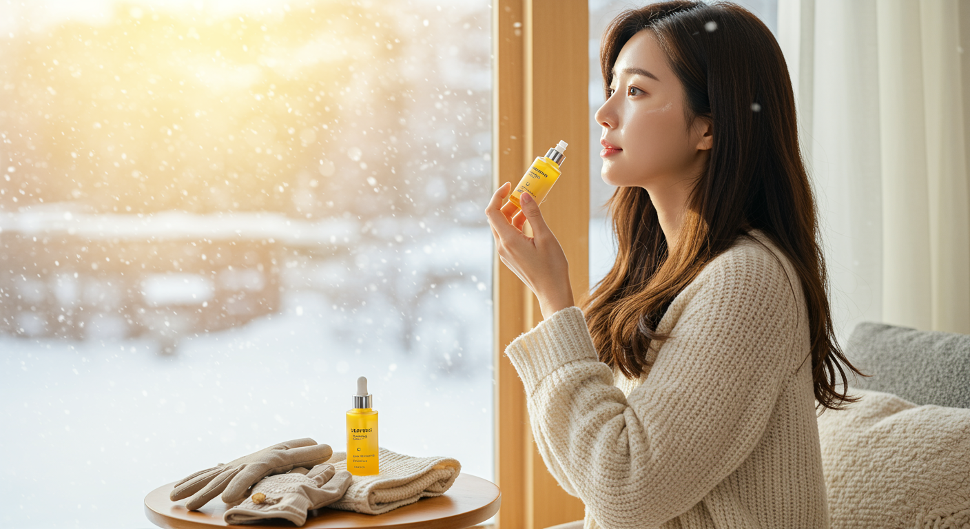 아침 햇살 속 비타민 C 세럼을 바르는 한국 여성의 모습