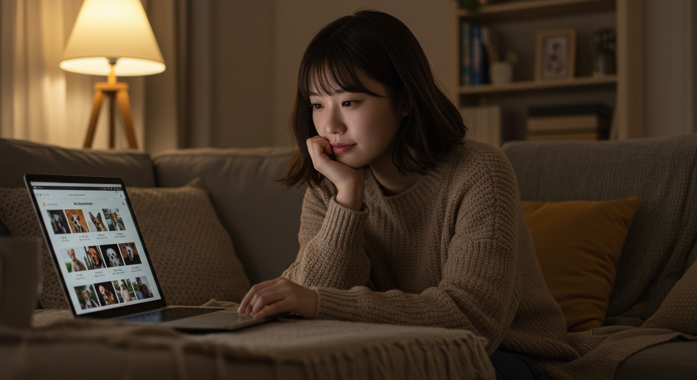 한 사람이 노트북으로 반려동물 입양 포럼을 보고 있는 모습