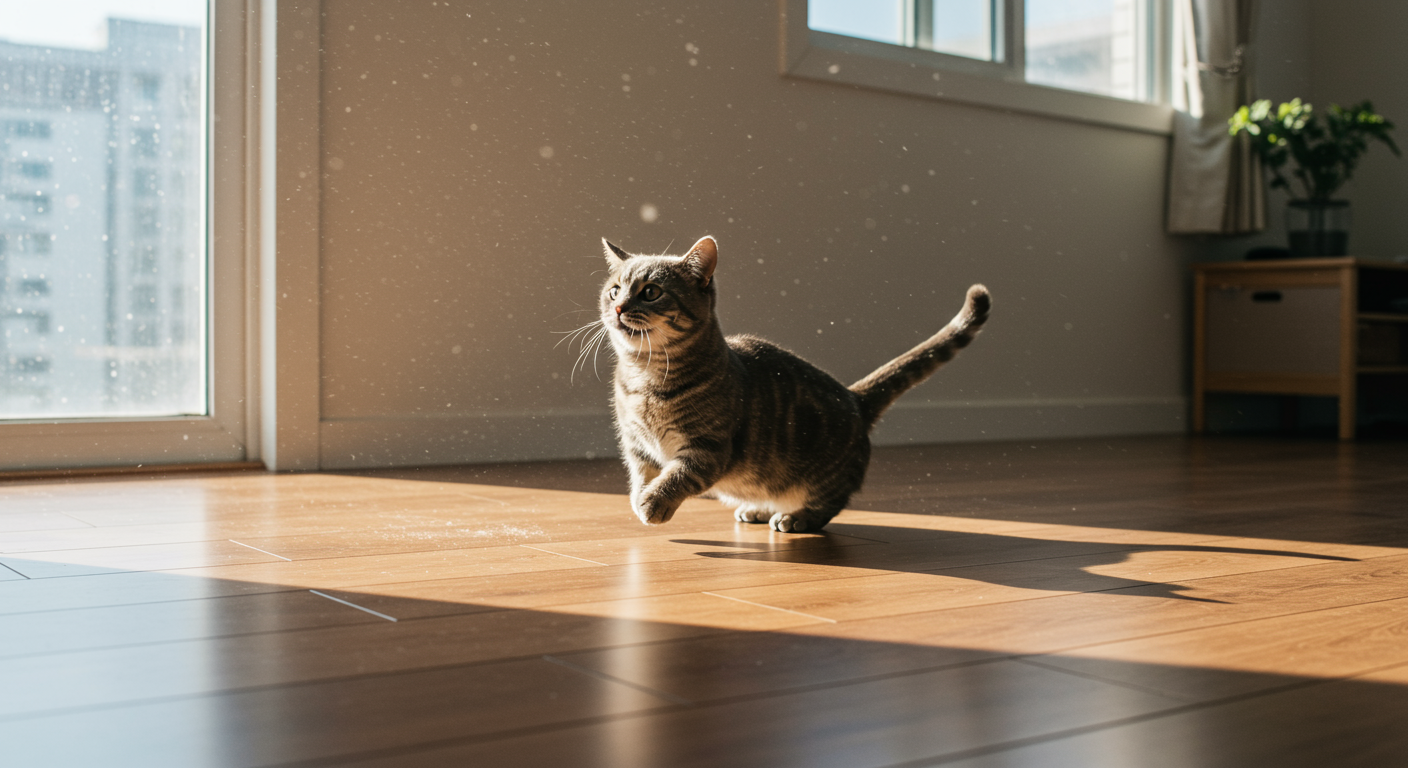 짧은 다리의 먼치킨 고양이가 아파트에서 장난치는 모습