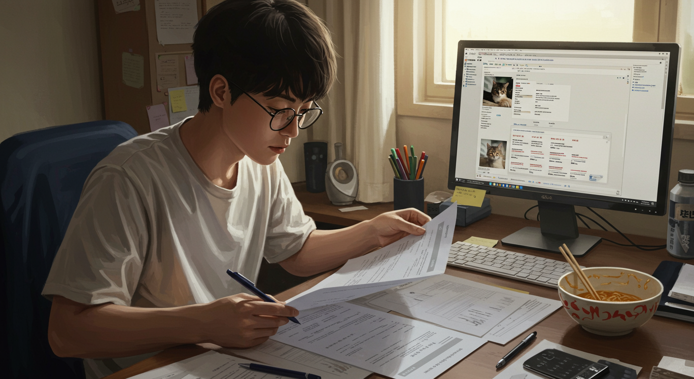 책상 위에 서류와 함께 입양 문서를 검토하는 사람