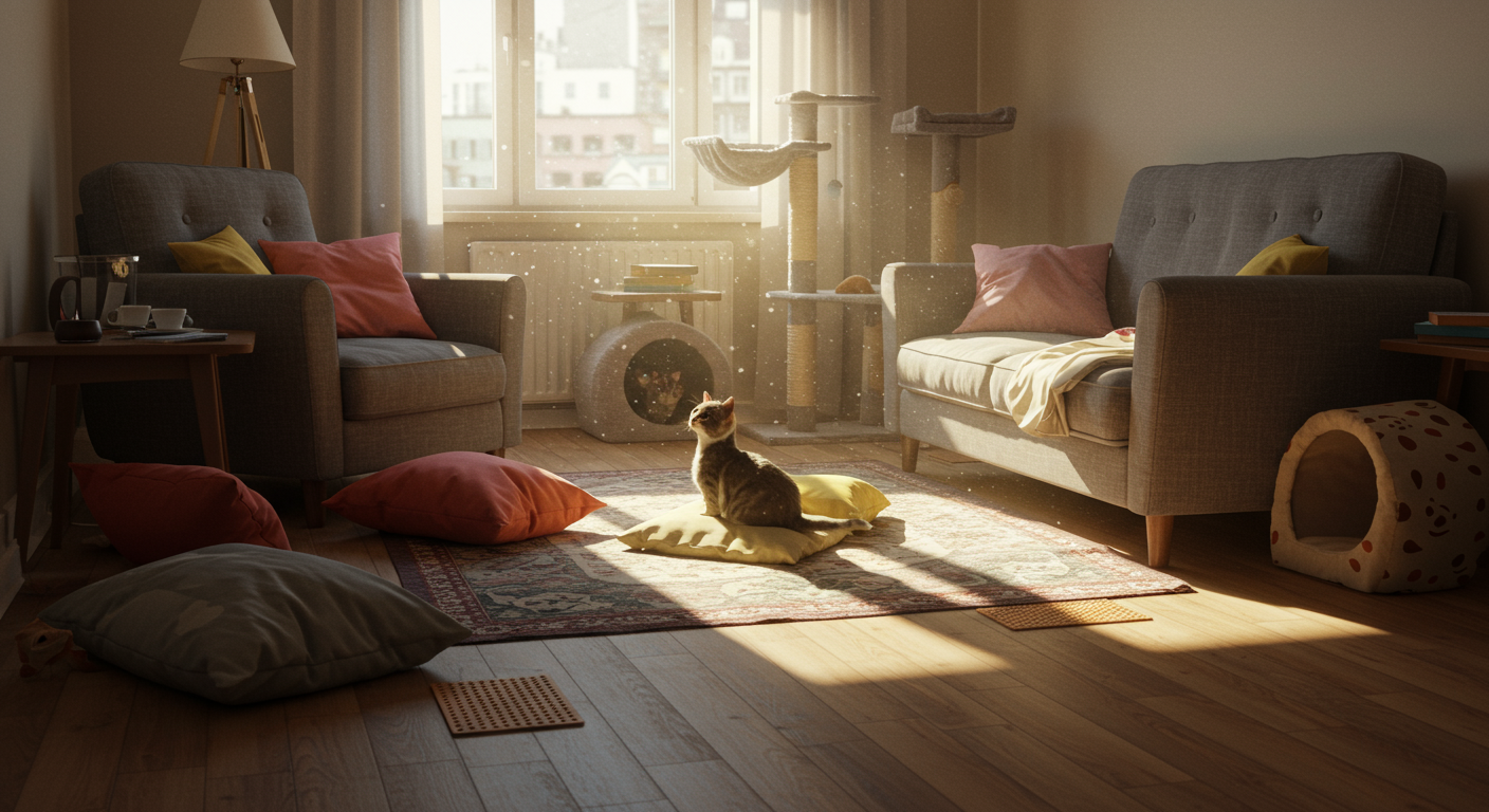 낮은 가구와 미끄럼 방지 매트가 있는 아파트 거실의 모습