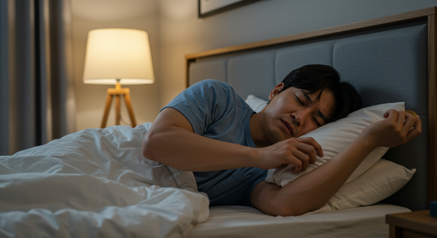 침대에서 잠자는 도중 가려워하는 한국인의 모습