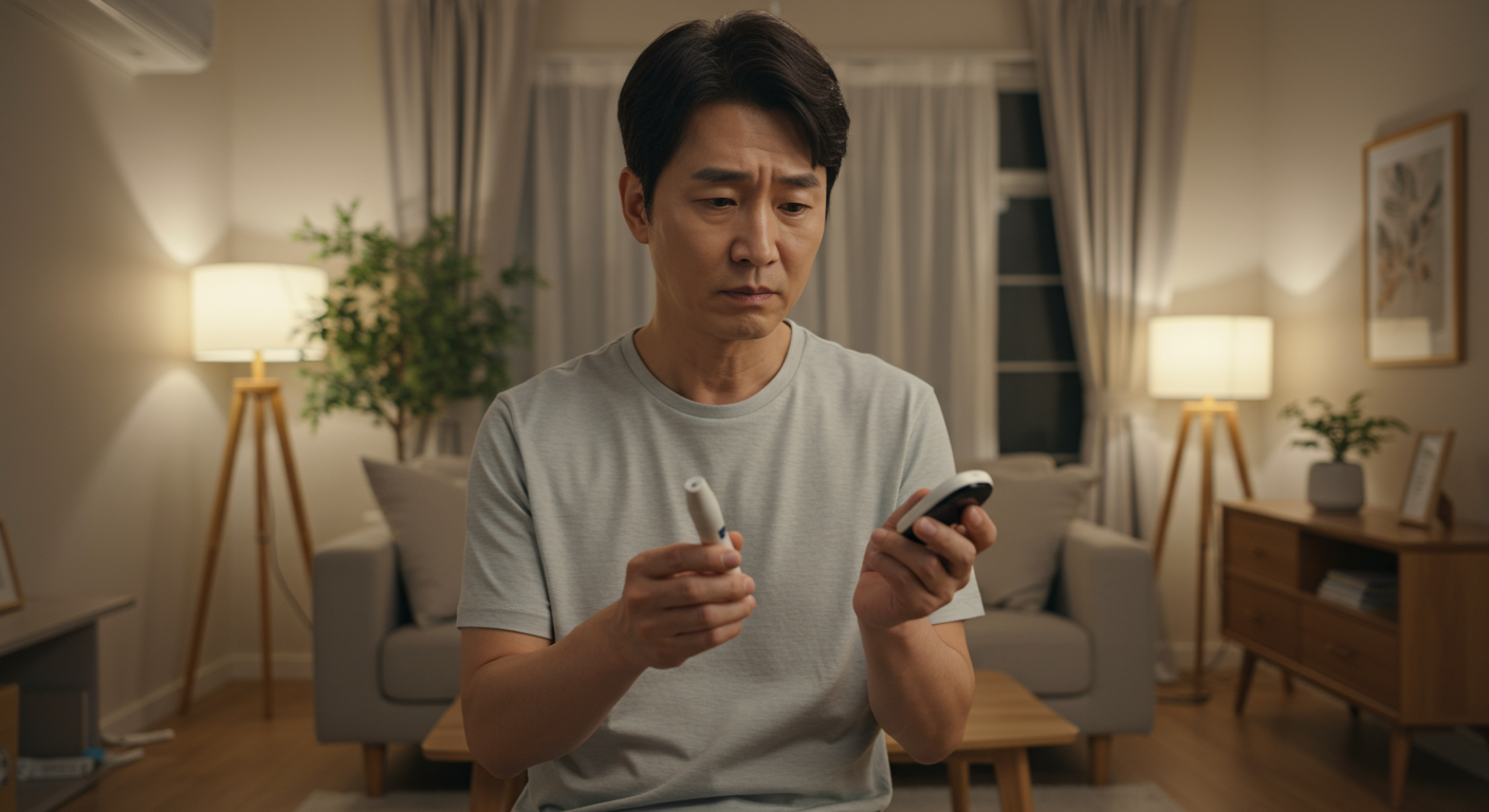 혈당 측정기를 들고 걱정스러운 표정을 짓고 있는 남성