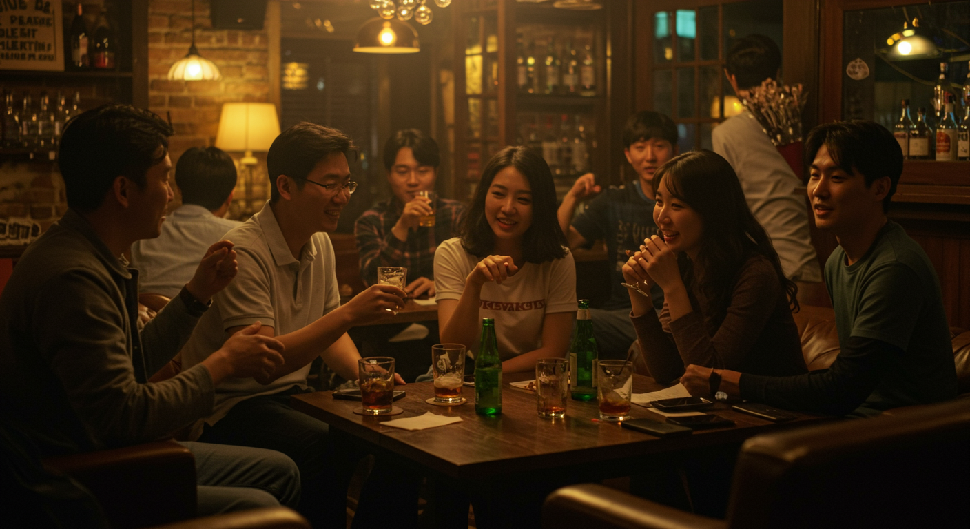 퇴근 후 바에서 동료들과 함께 술을 마시며 가벼운 농담을 주고받는 편안한 그룹 다이내믹스