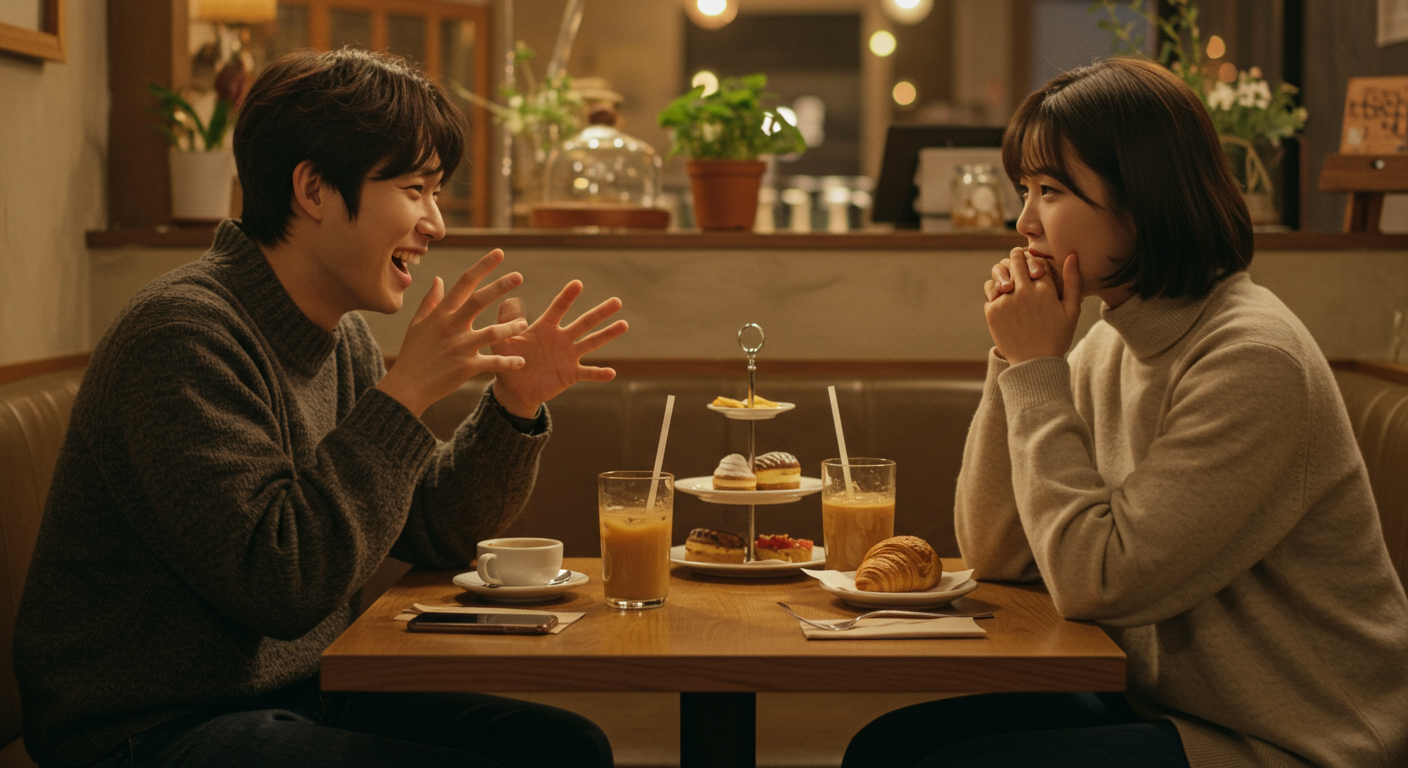 카페 테이블에서 대화 중인 두 친구가 각기 다른 단어에 강세를 주며 이야기하는 모습