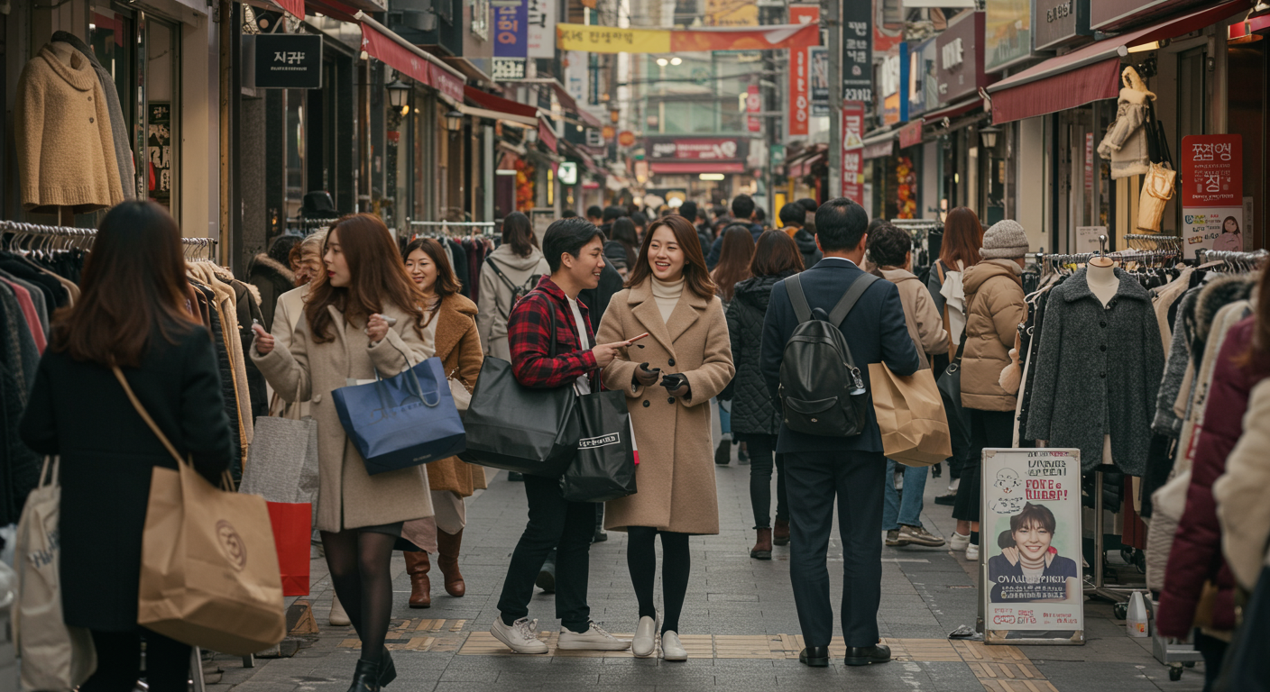 패션에 관심 있는 사람들이 한국의 도시 거리에서 활발히 이야기를 나누는 모습
