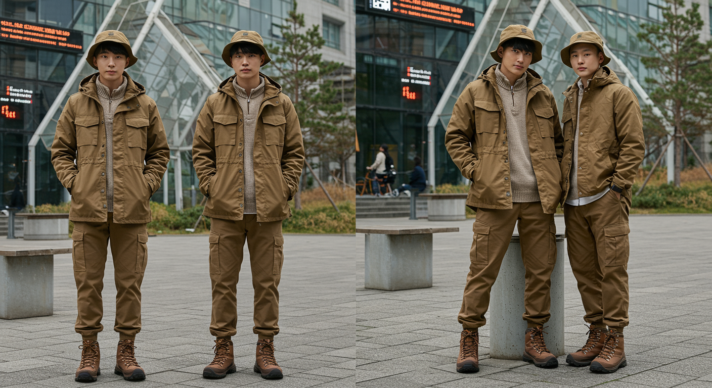 전통적인 요소가 담긴 현대적 아웃도어 의상을 입은 젊은이들