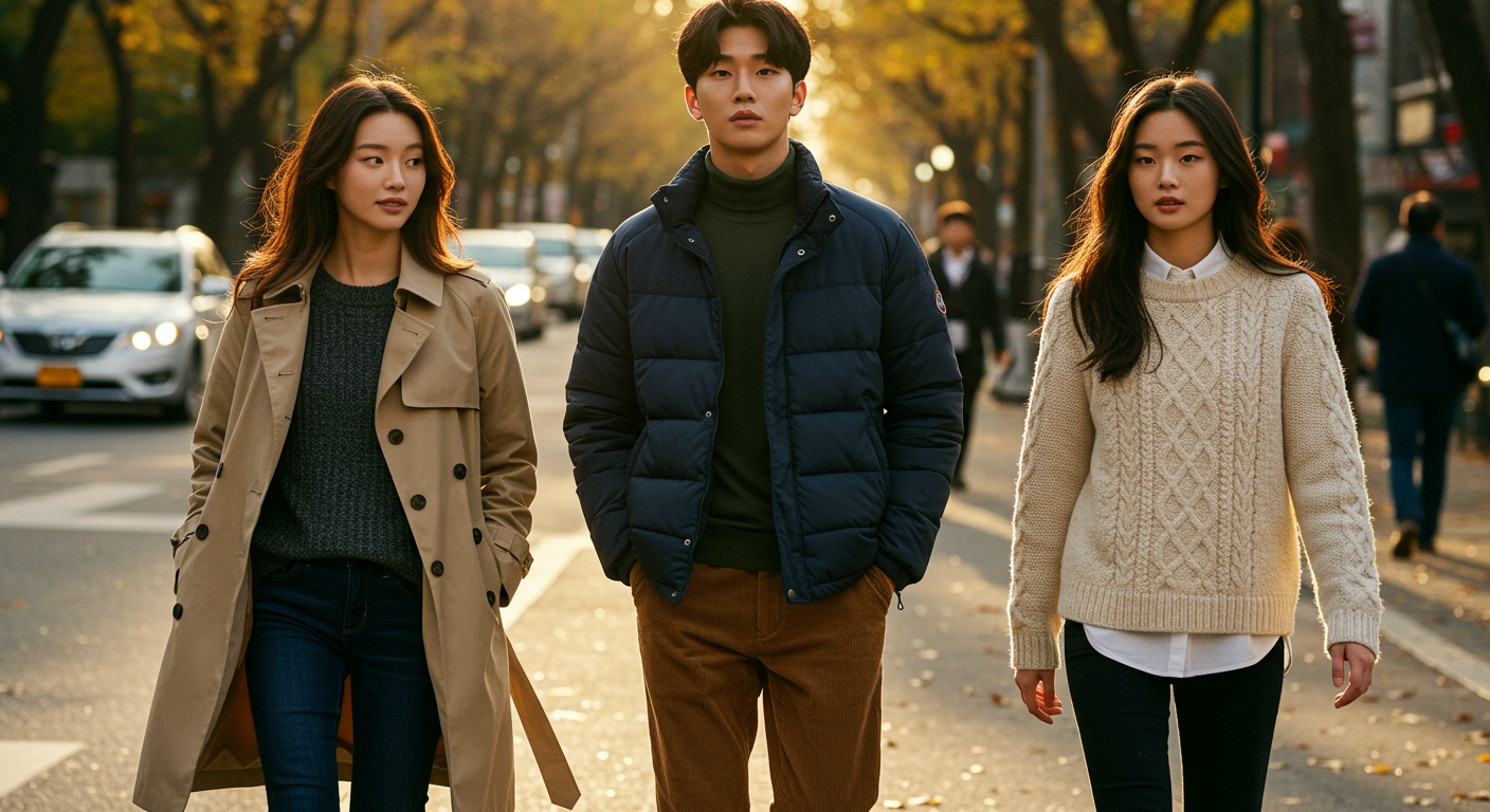 실용적이고 편안한 가을 의상을 입고 도시 환경에서 포즈를 취하는 모델들