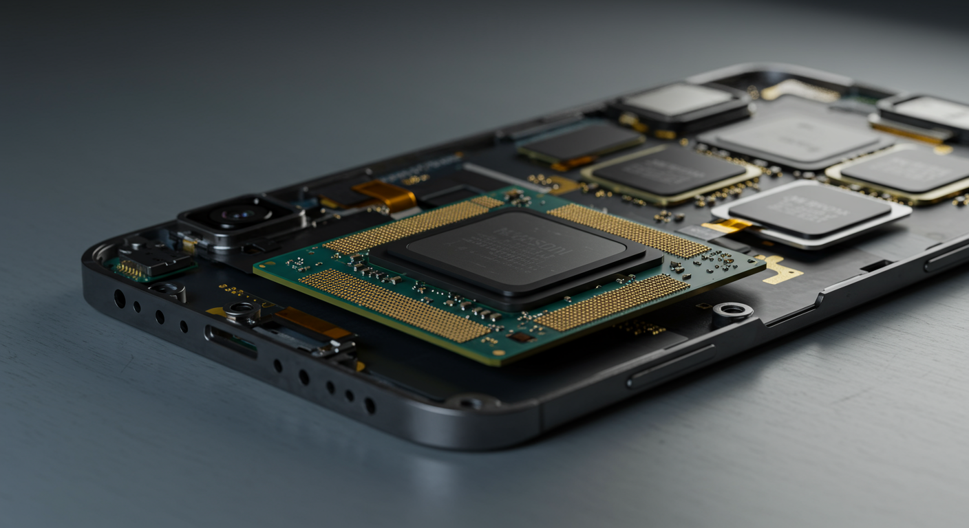 첨단 스마트폰 부품들이 작업대 위에 놓인 모습으로 기술 혁신 강조