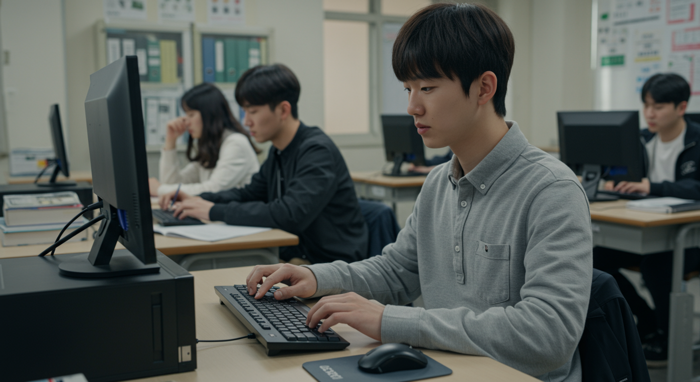 한국 학생이 수업 중 컴퓨터 부팅 시 특정 키를 눌러 BIOS 설정에 진입하는 모습