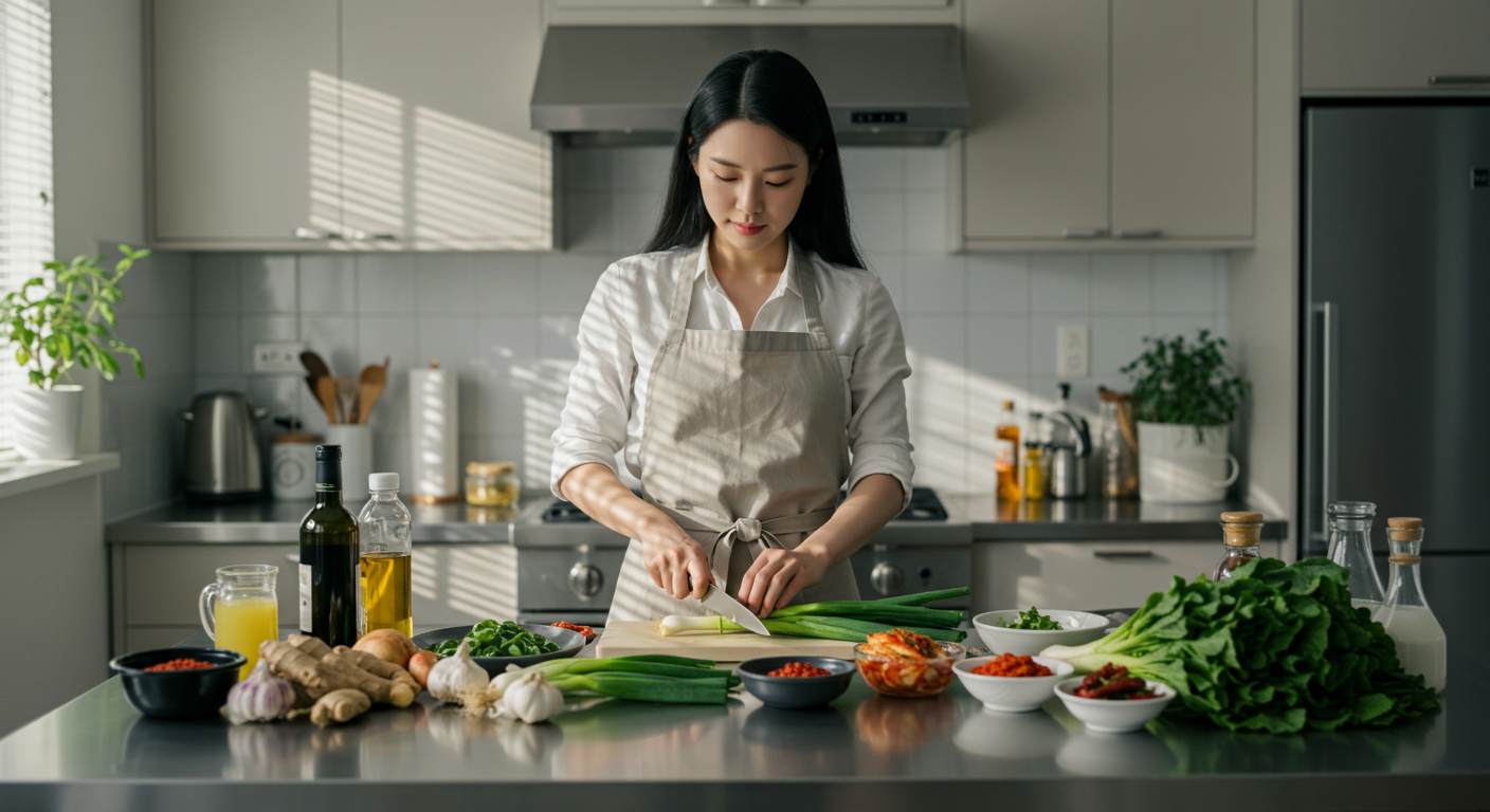 현대적인 주방에서 쪽파로 김치를 준비하는 여성의 모습
