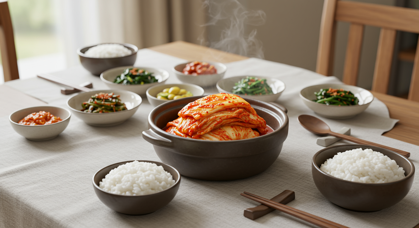 신선하게 만든 파김치를 중심으로 한 풍성한 식탁 연출 이미지