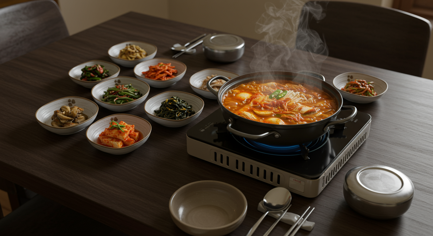김치찌개가 한식 테이블 위에 놓여 있으며, 주변에는 다양한 밑반찬들이 놓여 있는 모습